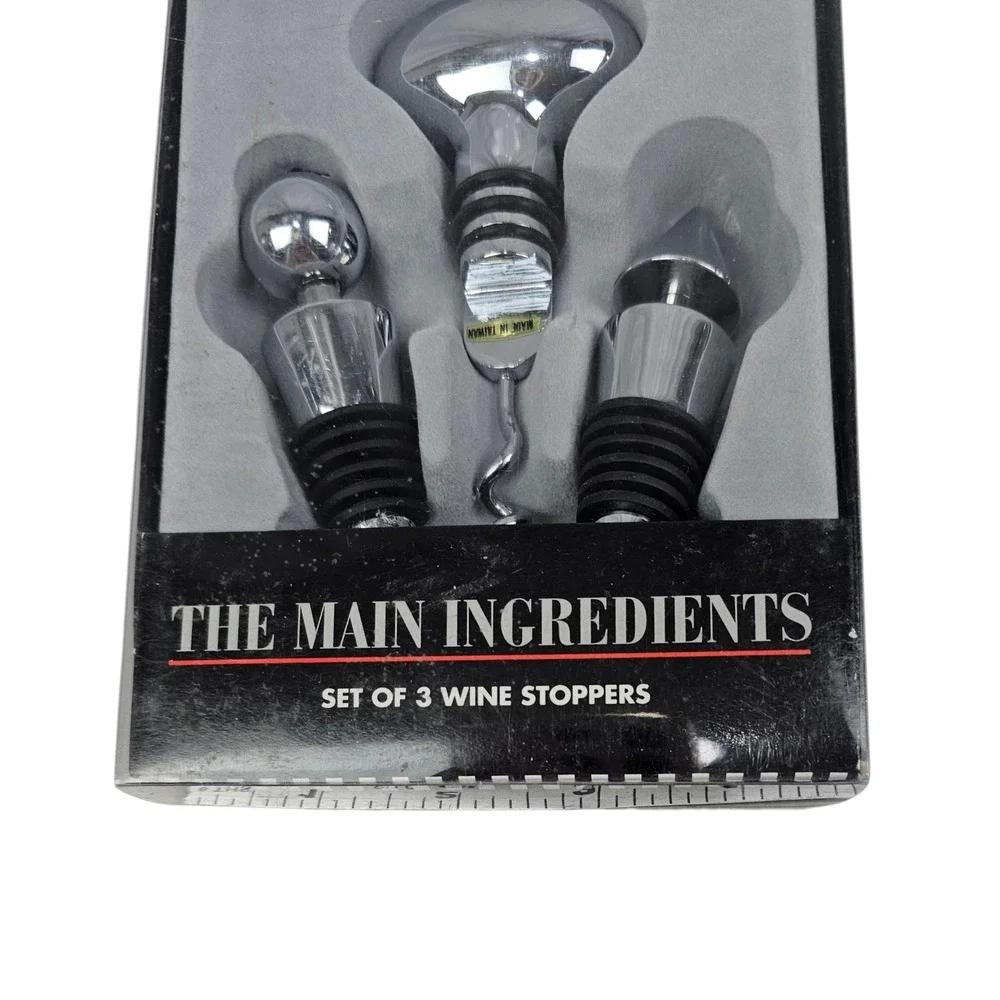 The Main Ingredients Set of 3 Wine Stoppers & Corkscrew Chrome Style 127H803 NEW
